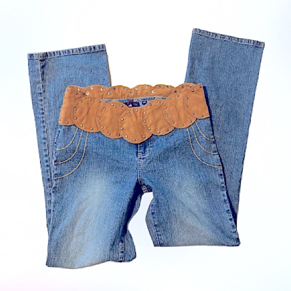 Rare vintage Polo Assn Denim Jeans  Boot Cut with Funky Hip Suede Waistband